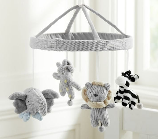Knit Animal Friends Gray Musical Crib Mobile